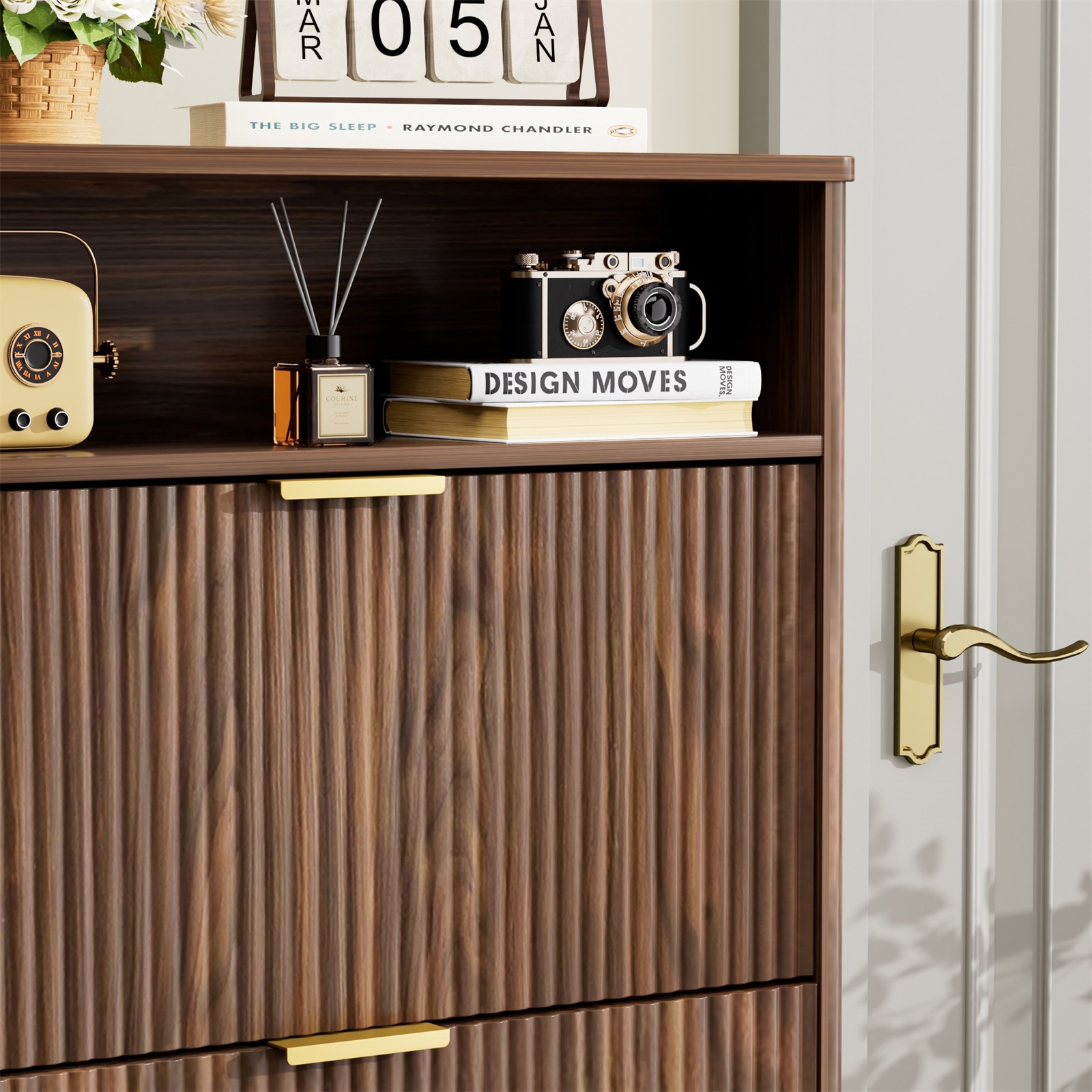 Hommoo Shoe Cabinet Storage with 2 Flip Drawers, Tall Freestanding Shoe Rack Organizer for Entryway, Foyer& Hallway, Walnut