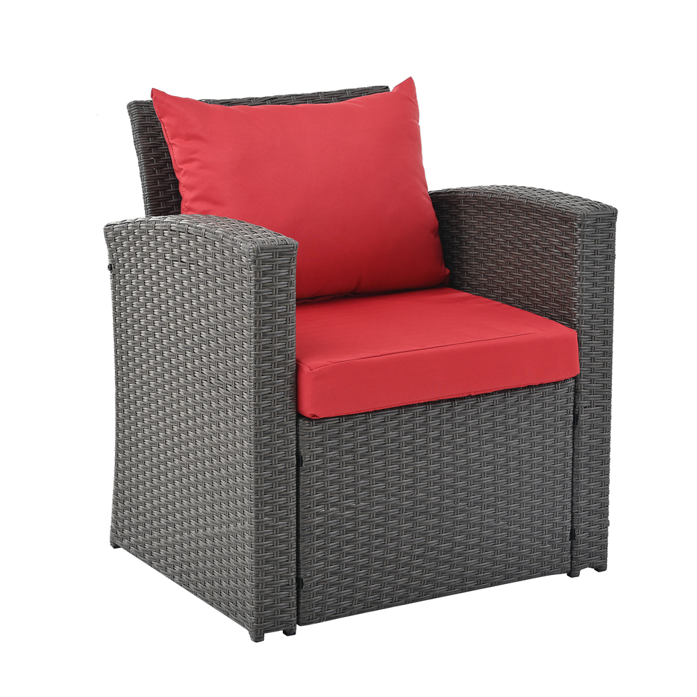4 Pieces Patio Conversation Set, Outdoor Furniture Set with Cushion, Outside Sectional Rattan Wicker Sofa for Garden, Porch, Backyard, Red