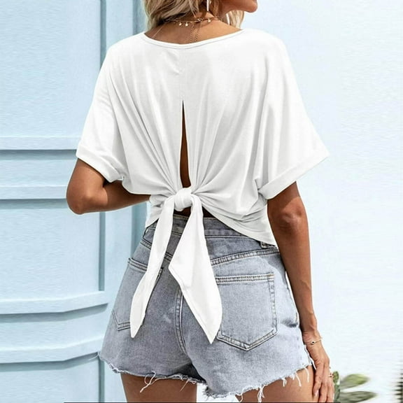Ladies Summer Solid Color Versatile Round Neck Back Bow Loose Bat Short Sleeve T Shirt Women Shirts Short Sleeve Womens Loose Tops Casual Running Top Women Womens Athletic Clothes Woman Lose Shirt