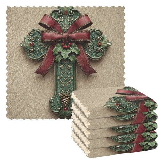 6 Pieces of Kitchen Towels 11x11Inch Kitchen Dish Cloths Kitchen Dish Towels Reuseable Cleaning Cloths Green Christmas Cross