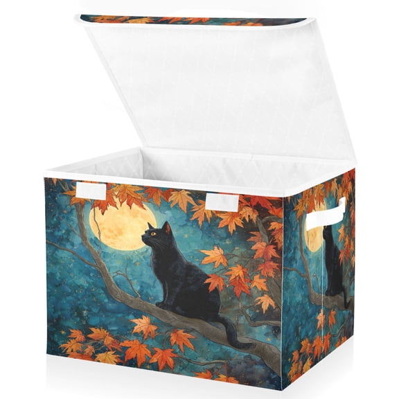 Large Collapsible Storage Box Flip Lid Fabric Decorative Organizer Container Basket with Handles 16.5×12.6×11.8in Maple and Black Cat