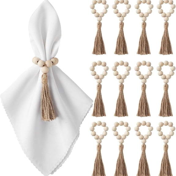 Set of 12 Boho Wooden Bead Napkin Rings with Tassels, Farmhouse Napkin Holders for Wedding, Thanksgiving & Dining Table Décor
