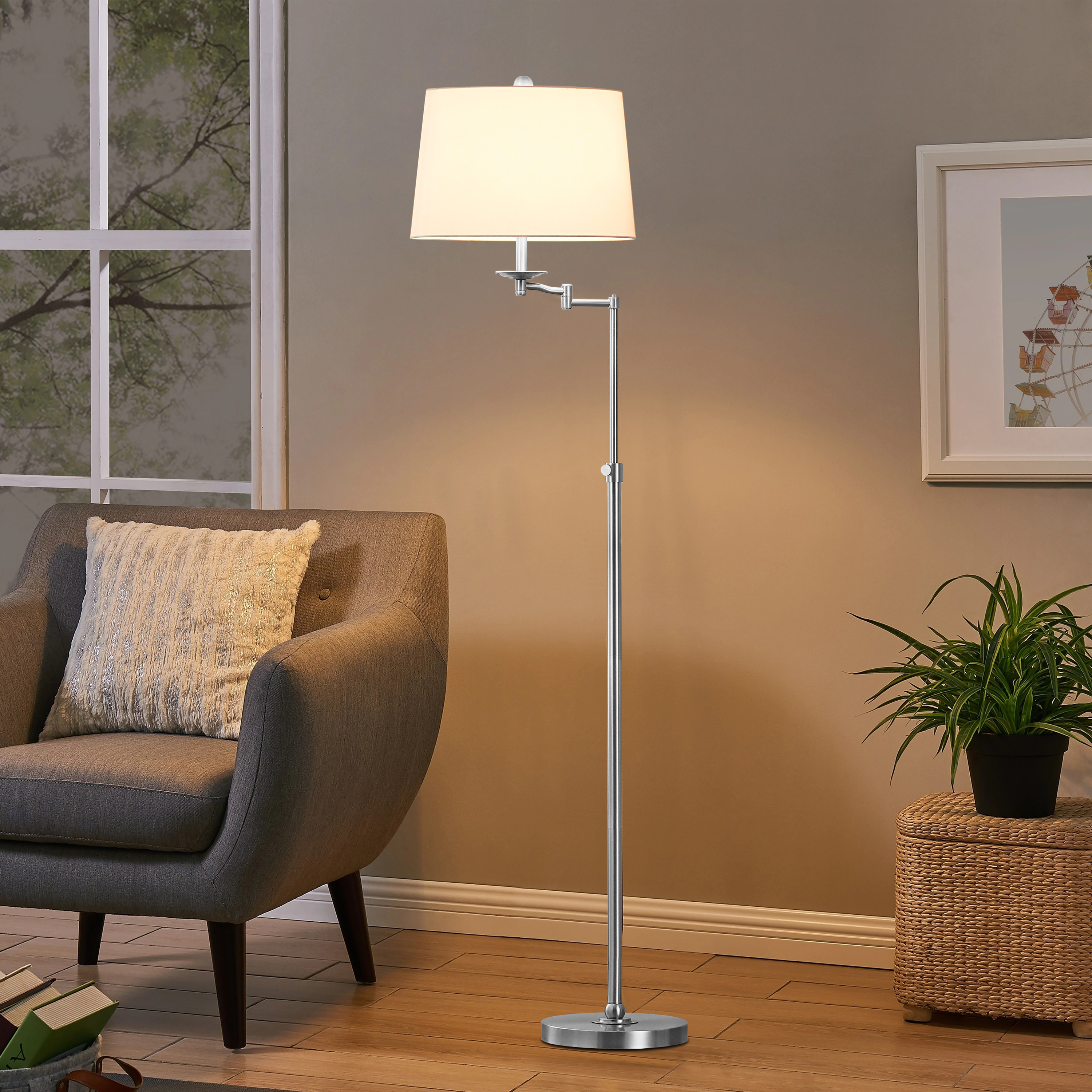 KAWOTI 64.5'' Adjustable Floor Lamp with Swing Arm, 3-Way Dimmable Standing Floor Lamp for Living Room Bedroom (Brushed Nickel)