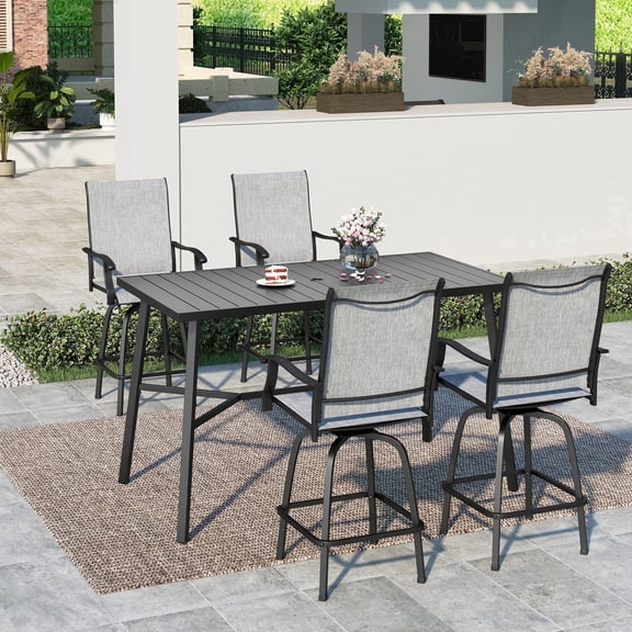 SUMMIT LIVING 5-Piece Outdoor Swivel Bar Stool Set with Table, 4 Patio Counter Height Textilene Chairs and 1 Metal Bar Table, Black & Gray
