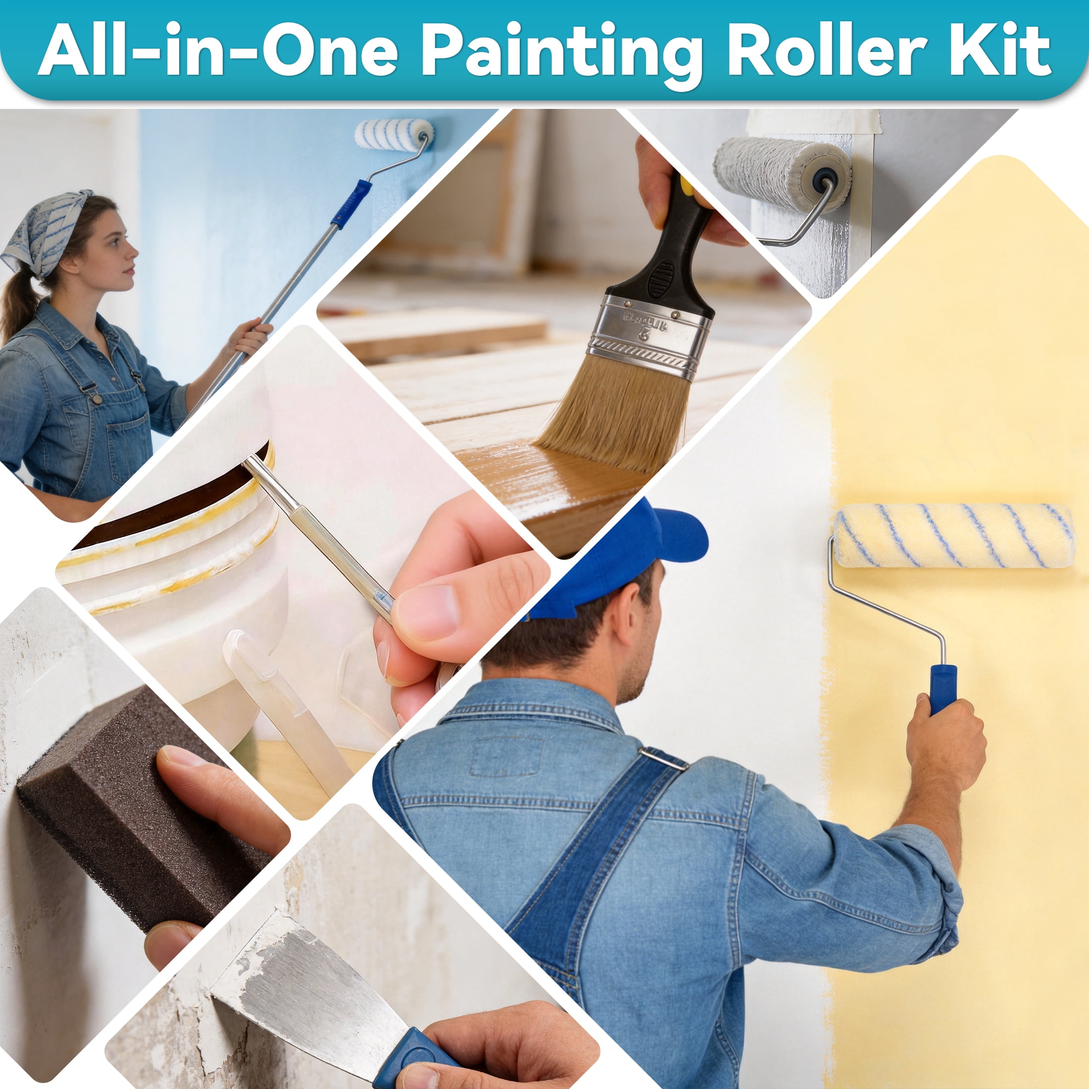 Paint Roller Kit with Extension Pole, 19 Piece Paint Brushes Set for House & Wall Painting, Indoor/Outdoor House Painting Tool Kit