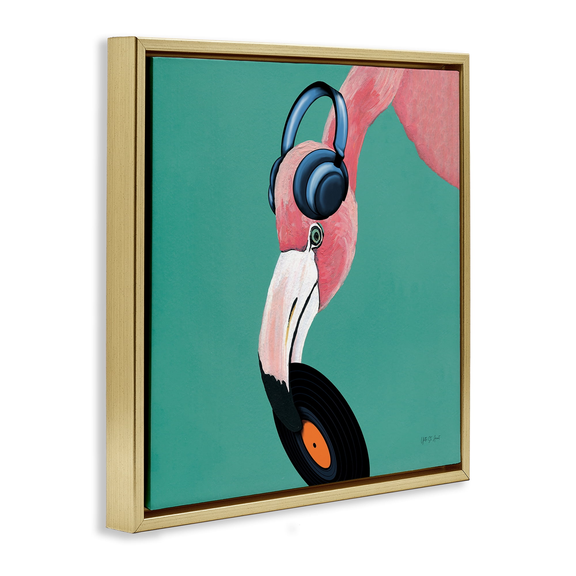 Stupell Industries Flamingo with Music Record Entertainment Painting Gold Floater Framed Canvas Art Print Wall Art, 25 x 25