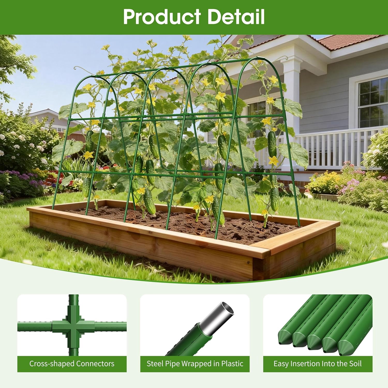 U-Shape Cucumber Trellis for Raised Bed, Metal Arch Garden Plant Support Structure with Rustproof Coating, Green, 63" Lx21.6 Wx47.2 H-Large