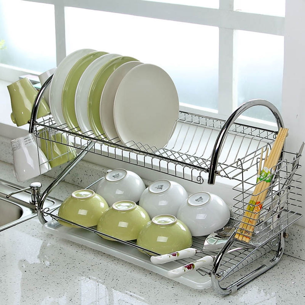 WHAMVOX 2-Tier Dish Cup Drying Rack Kitchen Tool Drainer Stainless Steel Dryer Tray Dish Holder Organizer for Home Restaurant (Silver)