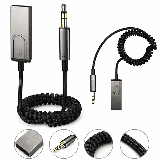 Bluetooth 5.0 AUX Car Adapter 3.5mm Wireless Audio Receiver With Microphone Hands Free Calling USB Rechargeable Bluetooth Receiver For Car Stereo Speakers Headphones