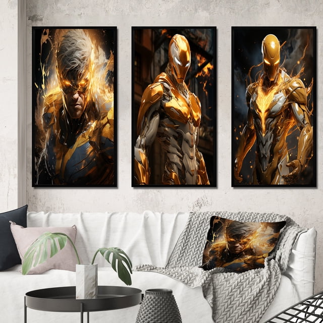 Designart "Fierce Superhero Valor Unleashed" Superheros Framed Wall Art Set Of 3 - Yellow Superheros Frame Canvas Set For Living Room Decor