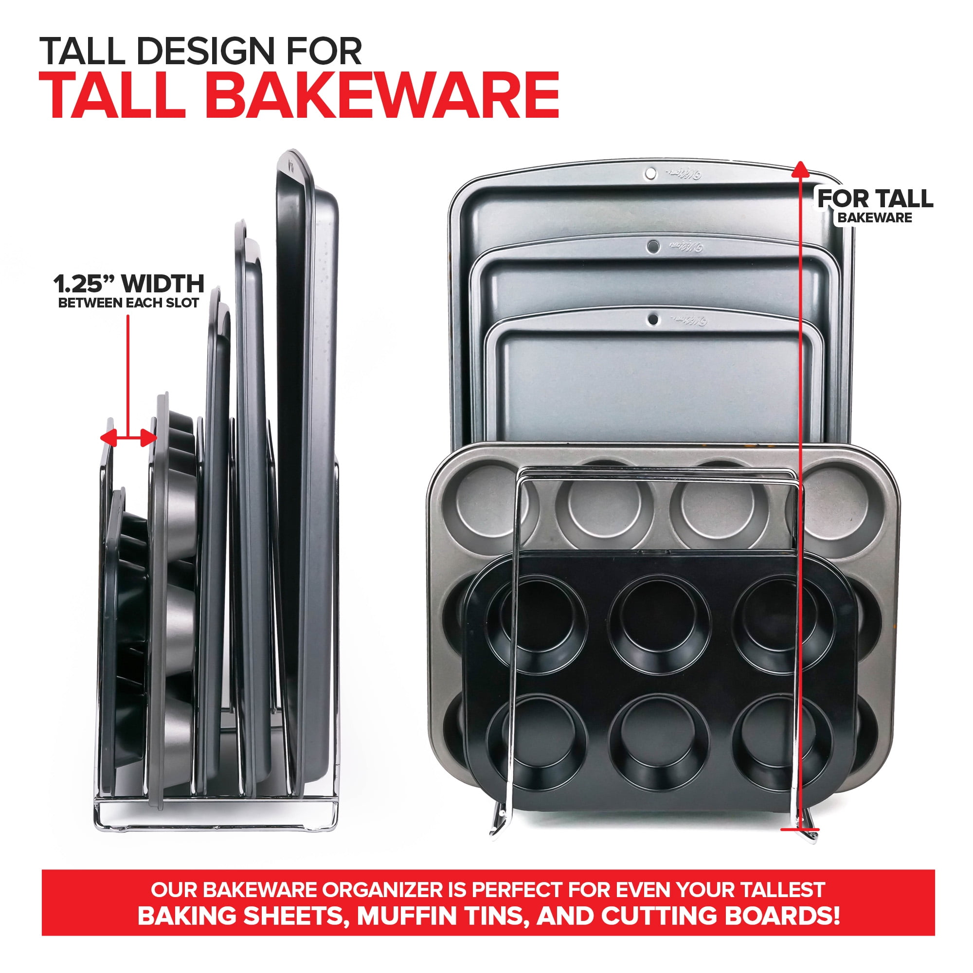 Chrome (2 Pack) Extra Tall Steel Baking Pan Organizer Rack for Cabinet Storage or Kitchen Counter, Cookie Baking Sheet Organizer with Dividers, Muffin Tin and Cutting Board Holder, Stock Your Home