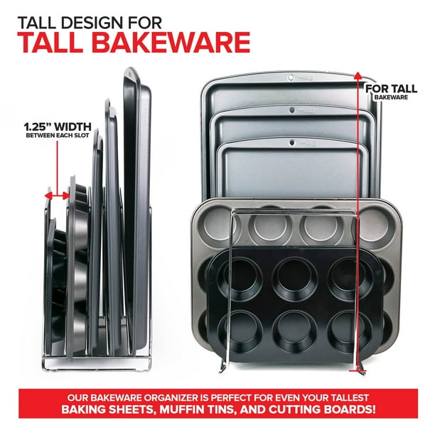 Chrome 2 Pack Extra Tall Steel Baking Pan Organizer Rack for Cabinet Storage or Kitchen Counter Cookie Baking Sheet Organizer with Dividers Muffin Tin and Cutting Board Holder Stock Your Home