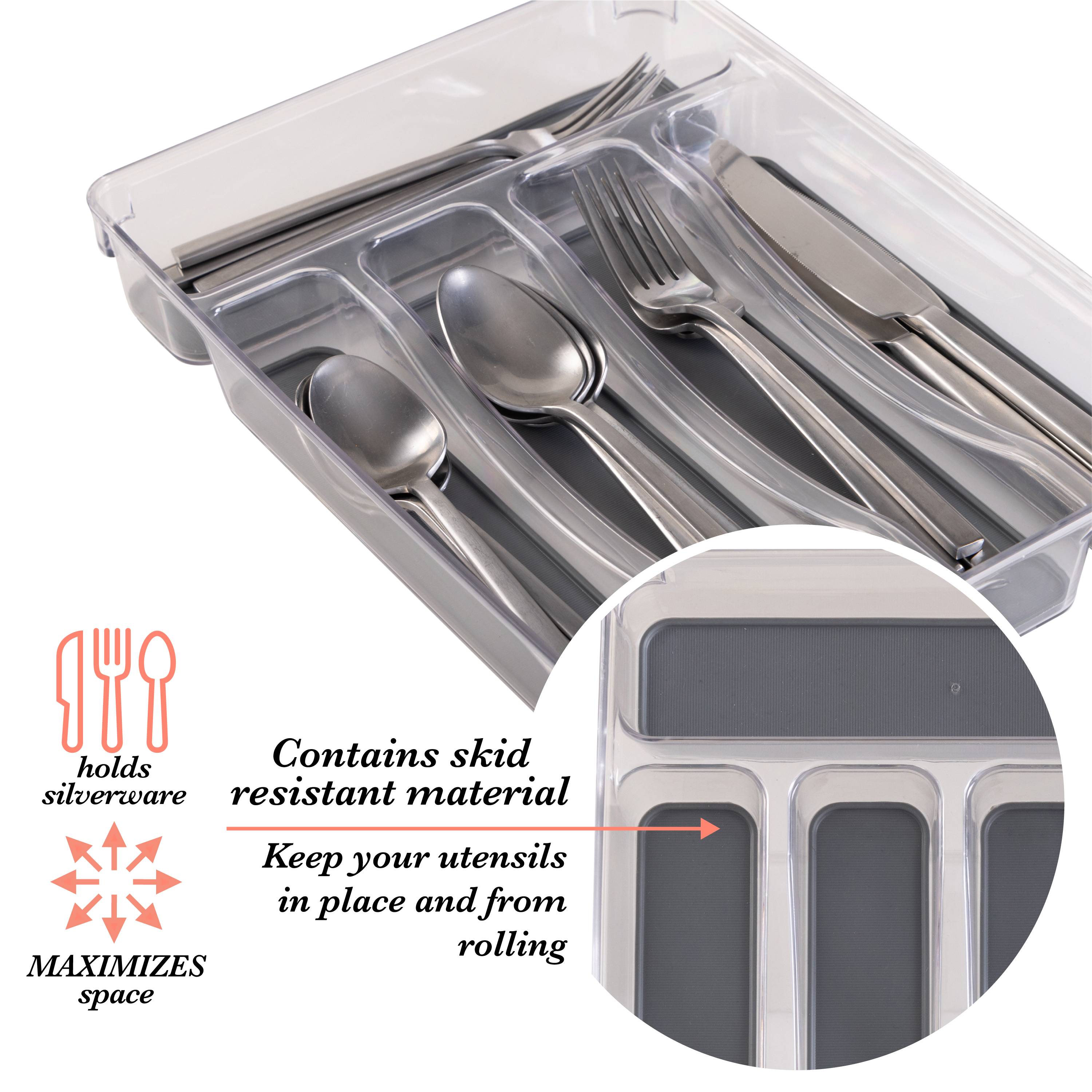 Kitchen Details 5 Compartment Plastic Cutlery Tray, Clear - image 2 of 8