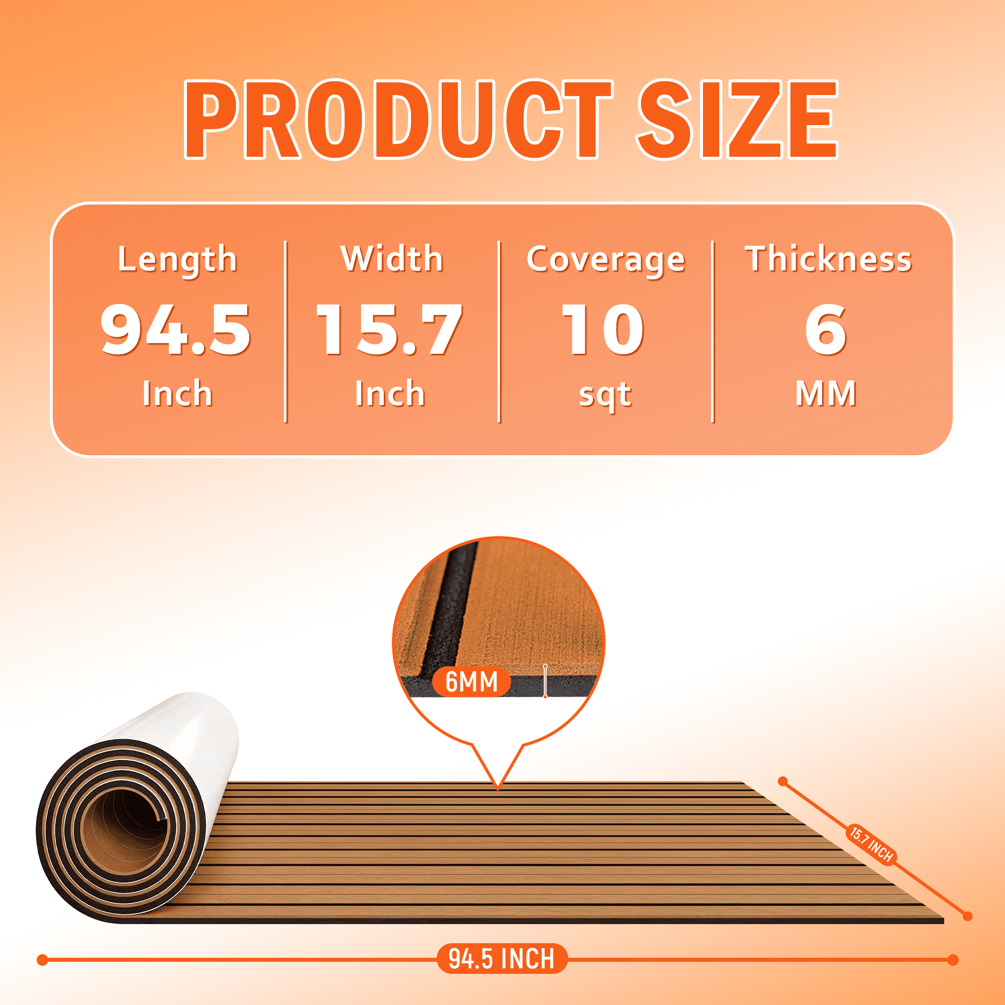 EVA Foam Boat Flooring - 94.5''x 15.7'' Waterproof Non-Slip Marine Carpet, 6 MM Self-Adhesive Sea Deck for Jon Boats Yacht Kayak Surfboard RV Garden Swim Platform, Brown Stripe