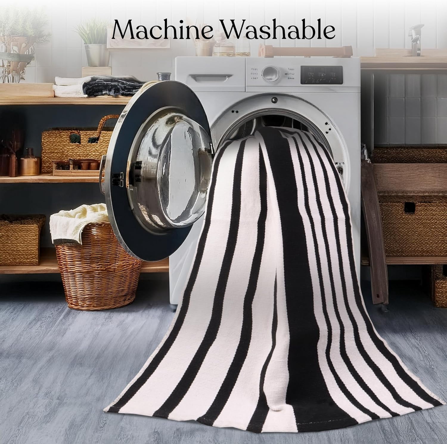 A1HC Black & White Striped Front Door Rug, 24x51 in, Hand-Woven Cotton, Washable, Fade-Resistant Layered Rug for Porch & Entryway