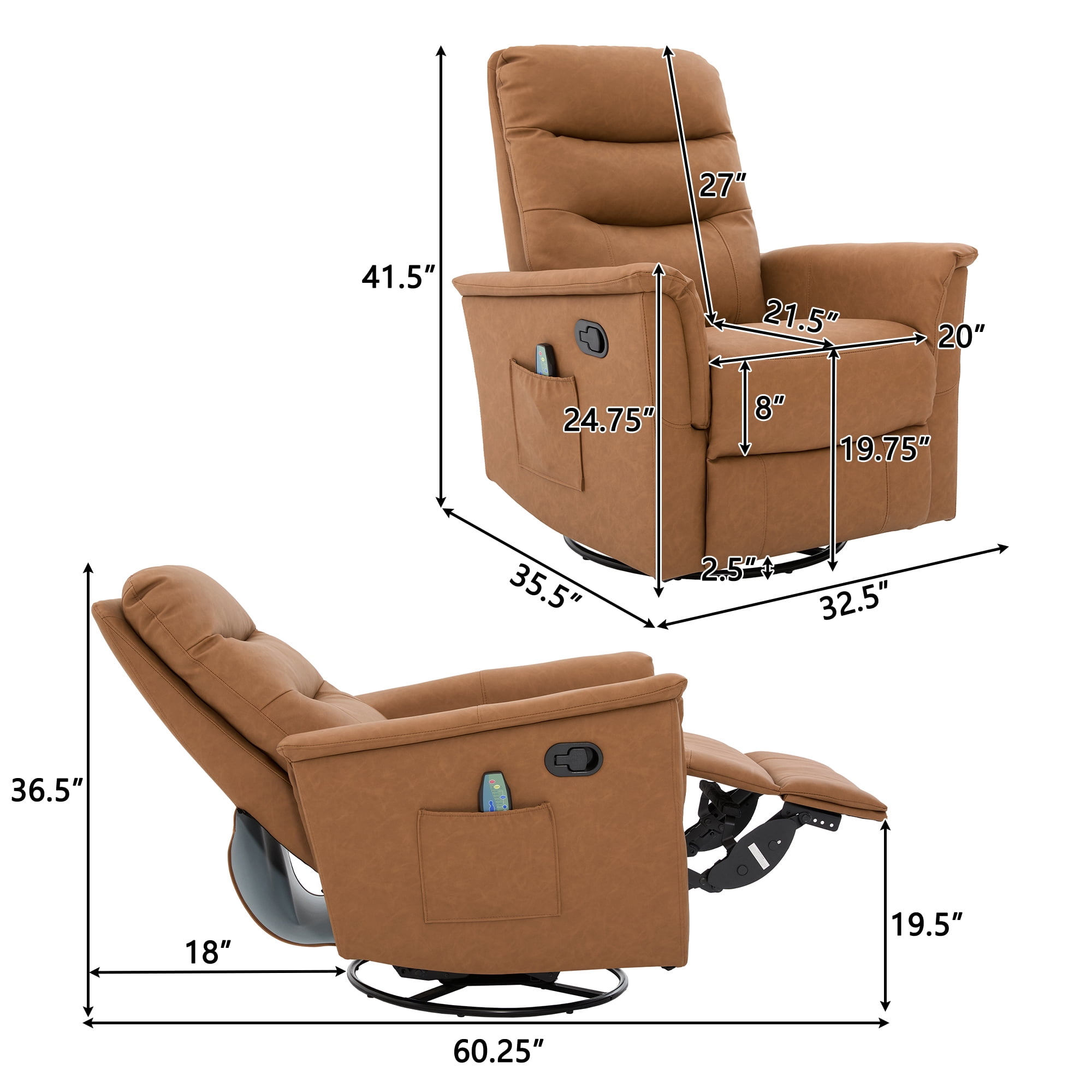 Euroco Manual Recliner Chair, 270° Swivel Rocker Chair with 8-Point Massage Function and Adjustable Backrest,Nursery Rocking Recliner for Living Room, Bedroom and Nursery, Brown