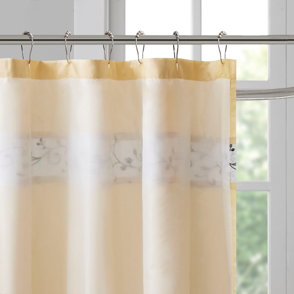 MAYEERTY Faux Silk Embroidered Floral Shower Curtain, Machine-Washable