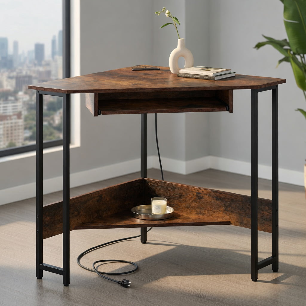 Demi Bonn Triangle Corner Desk with Charging Station Keyboard Tray and Storage Shelf, Small Home Office Desk Study Writing Table, Brown
