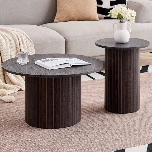 Round Nesting Coffee Table Set of 2, Boho Fluted Drum Accent Side Tables, Black Wood Finish, Large Short φ27.6 & Small Tall φ15.8