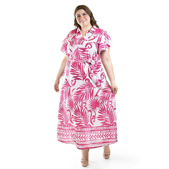Vestido largo estampado hojas Roman Fashion /Tallas Extras, 4338 (Fiusha hojas) fucsia 42