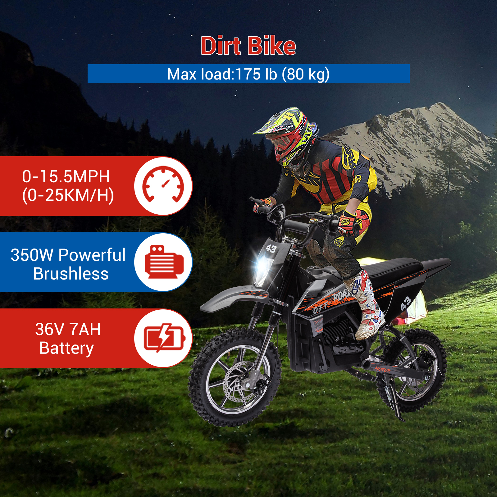Towallmark 36V Electric Dirt Bike for Teens, 350W Brushless or 500W Brushed Motor, Up to 15.5MPH & 175LB Capacity, Off-Road Motorcycle with Front/Rear Brakes, Black​