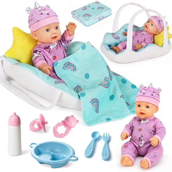 12" Baby Doll Set with Carrier Bassinet Bed, Unicorn Theme Realistic Baby Doll Toys with Pillow, Clothes & Feeding Kit, Pretend Play Set Interactive Role Play Toy Gift for Boys Girls 3 Years Old