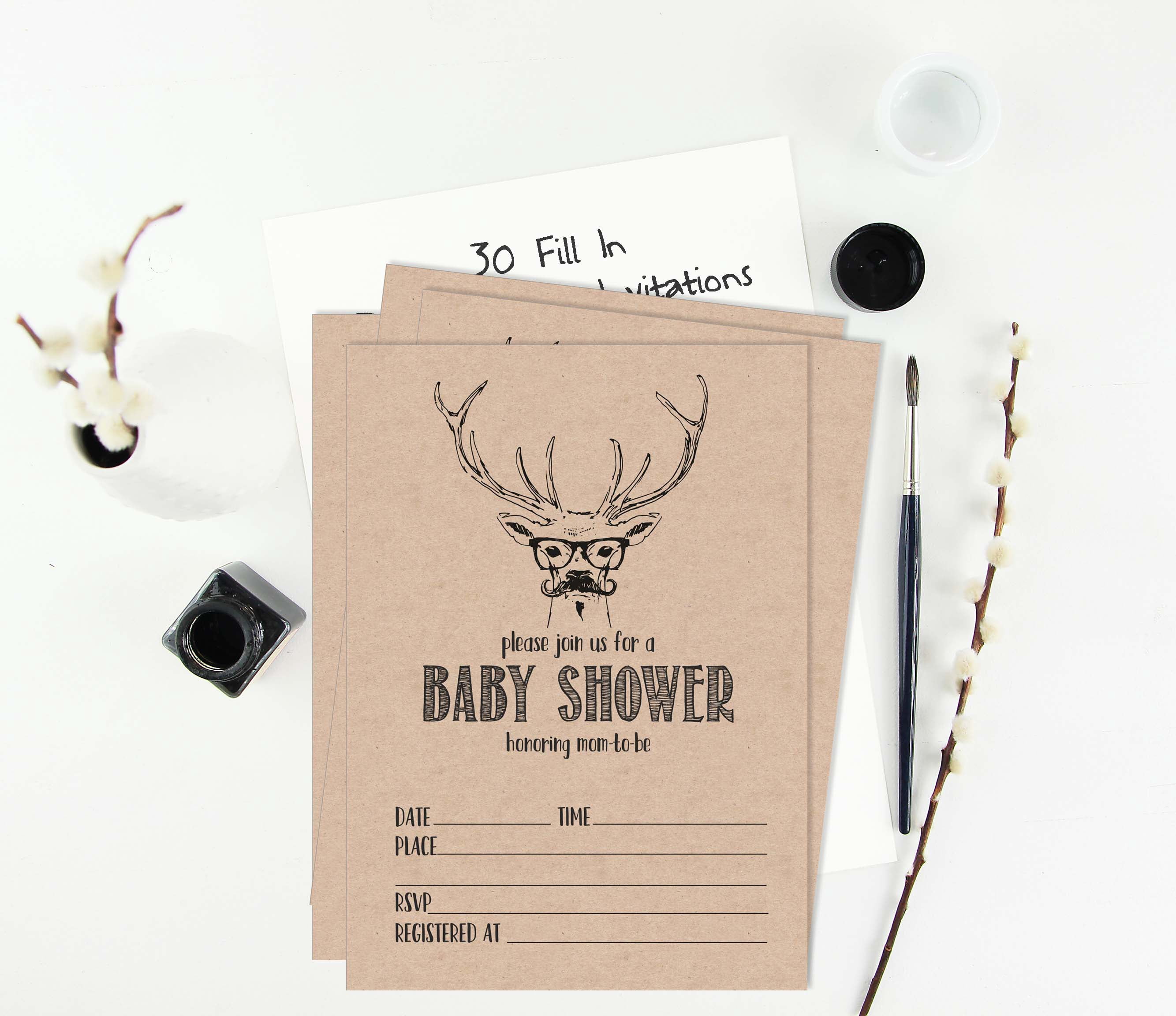 Inkdotpot 30Deer Jungle Animals Baby Shower Rustic Invitation Cards Gender Neutral Fill In Blank Invites