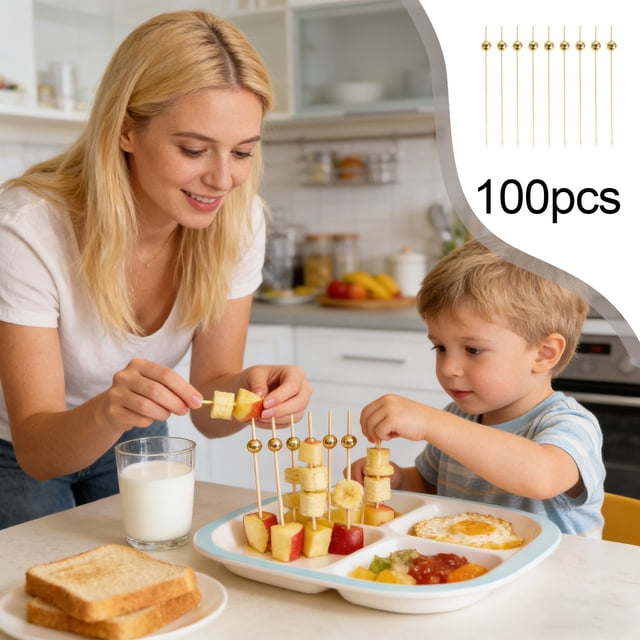 Brochetas de bambú para frutas, 100 unidades, palillos para cócteles, brochetas decorativas de plástico dorado para aperitivos, kebabs de frutas, minihamburguesas para bebidas, palillos de mano, palit