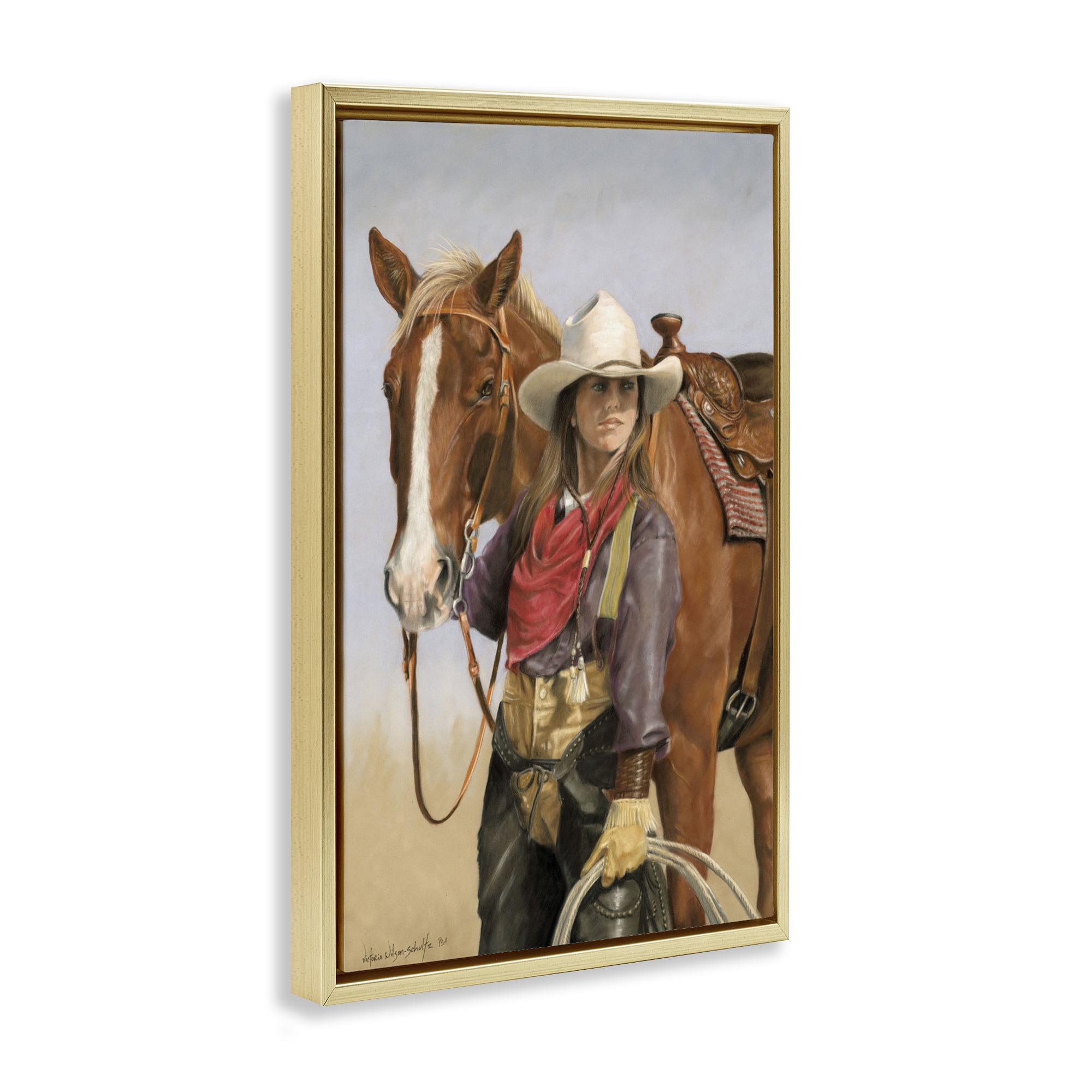 Stupell Industries Powerful Female Cowgirl Animals & Insects Painting Gold Floater Framed Canvas Art Print Wall Art, 17 x 25