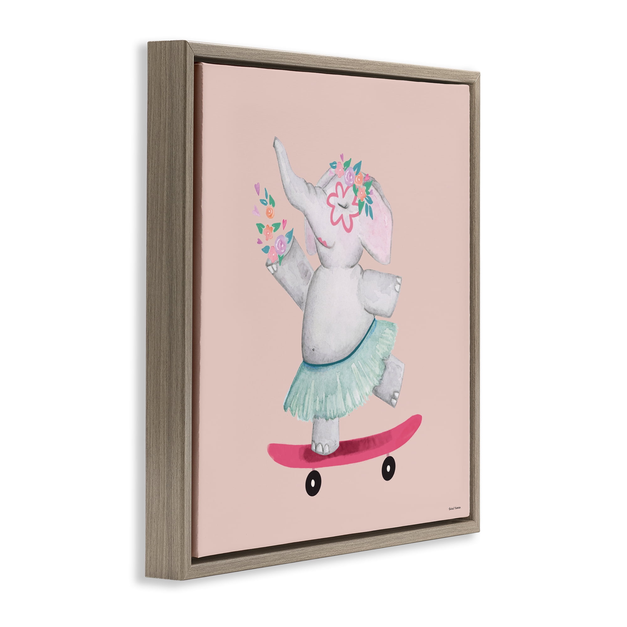 Stupell Industries Skateboarding Elephant with Flowers Brown Framed Floater Canvas Wall Art, design by Rachel Nieman