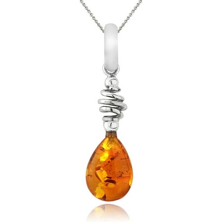 Amber Nights Teardrop Amber Sterling Silver Pendant, 18 Rolo Chain