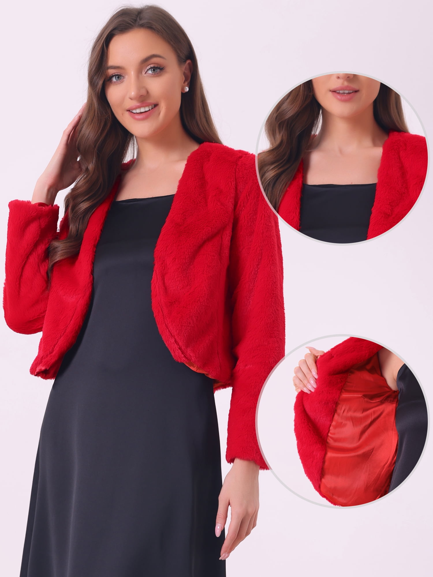 DARING DIVA Women's Faux Fur Cropped Open Front Jacket Bolero Coat L Red