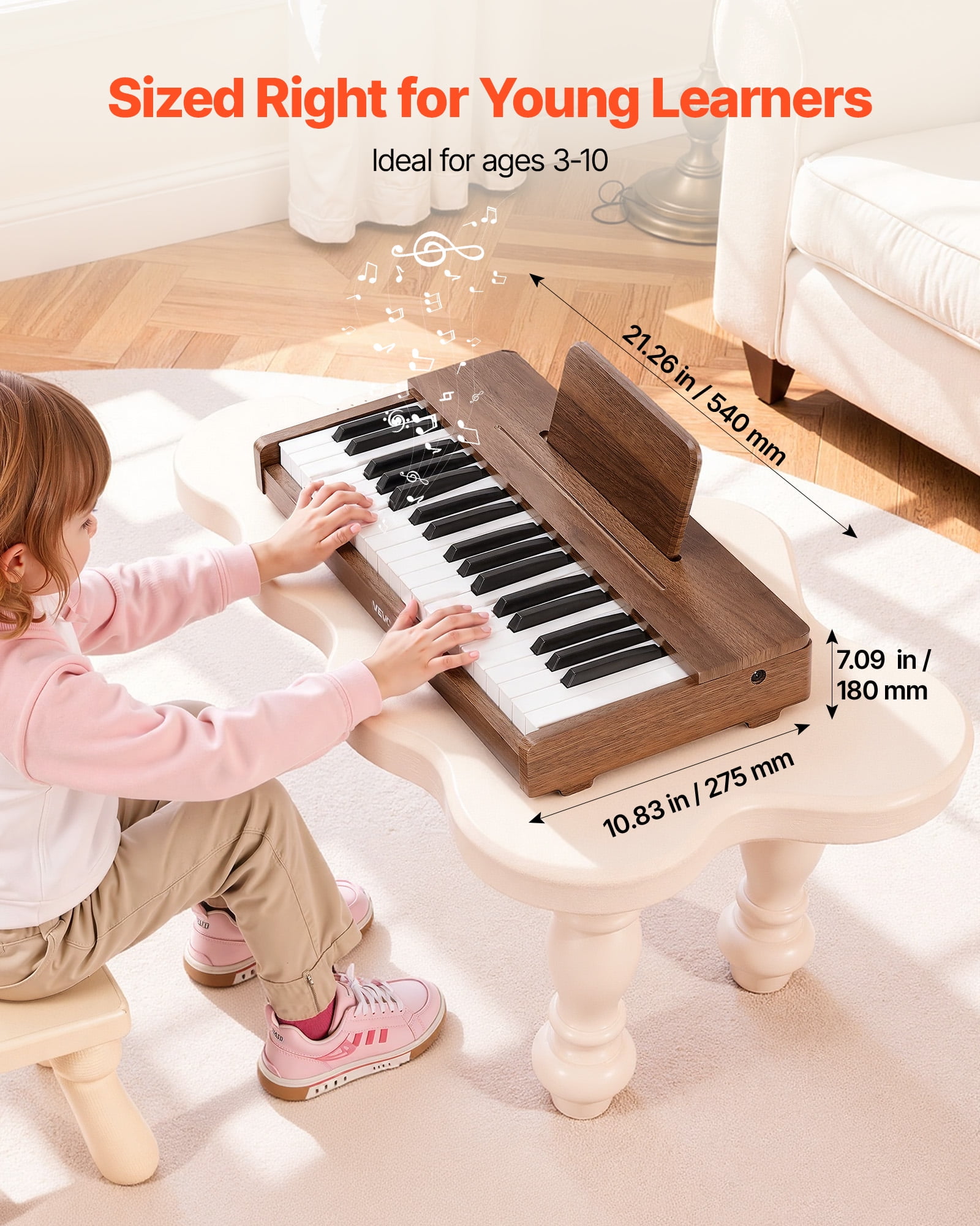 VEVOR Kids Piano Keyboard, 37 Keys Wooden Digital Piano for Kids, Mini Music Educational Instrument Toy with Realistic Sound, Dual Power, Adjustable Volume for Toddlers, Boys Girls Learning,Walnut