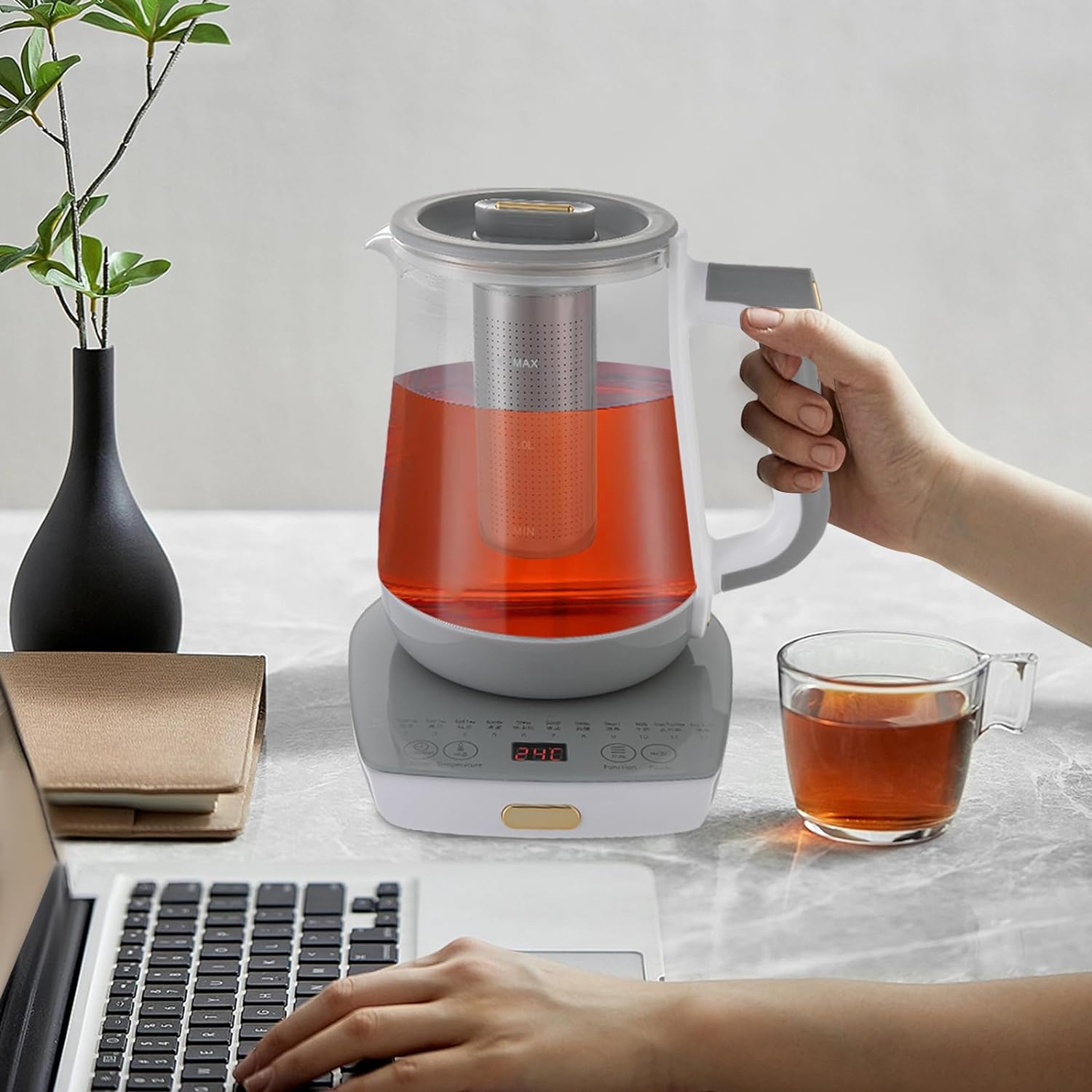 Elegant Clear Glass Kettle,Stainless Steel 1.8L Tea Maker Water Boiler, Multifunctional Electric Kettle Teapot Egg Boiler Soup Cooker with Strainer and Egg Holder