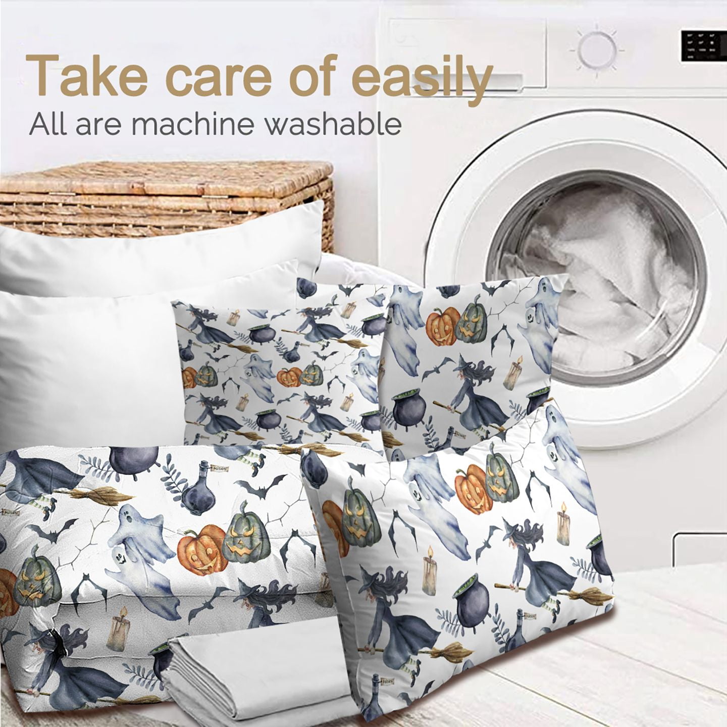 8-Piece Halloween Comforter Set Witch Pattern Bed-in-a-Bag with Sheet Shams Cushion Covers