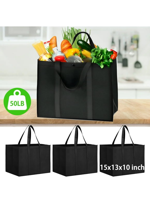 Set of 3 Reusable Grocery Bags,Large Foldable Heavy Duty Bag, Shopping Tote Produce Bag with Reinforced Handles & Thick Plastic Support Bottom, Black Washable Storage