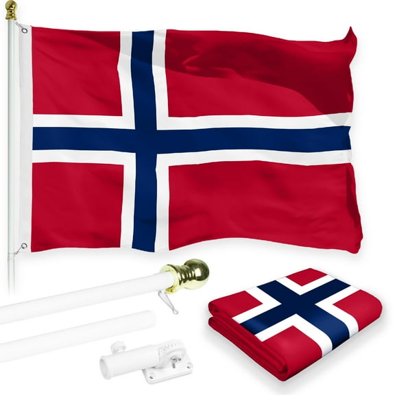G128 Combo Pack: 6 Feet Tangle Free Spinning Flagpole (White) Norway Norwegian Flag 3x5 ft Printed 150D Brass Grommets (Flag Included) Aluminum Flag Pole