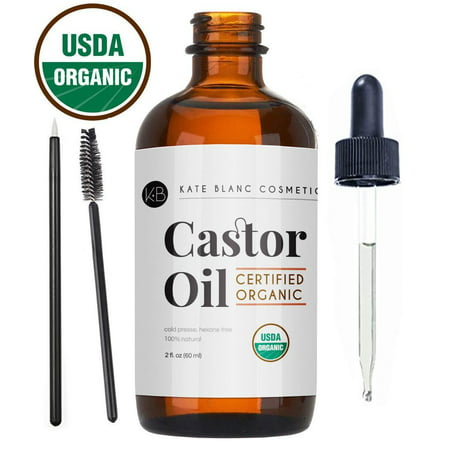 Castor Oil (2oz) USDA Certified Organic, 100% Pure, Cold Pressed, Hexane Free by Kate Blanc. Stimulate Growth for Eyelashes, Eyebrows, Hair. Lash Growth Serum. Brow Treatment. FREE Mascara Starter