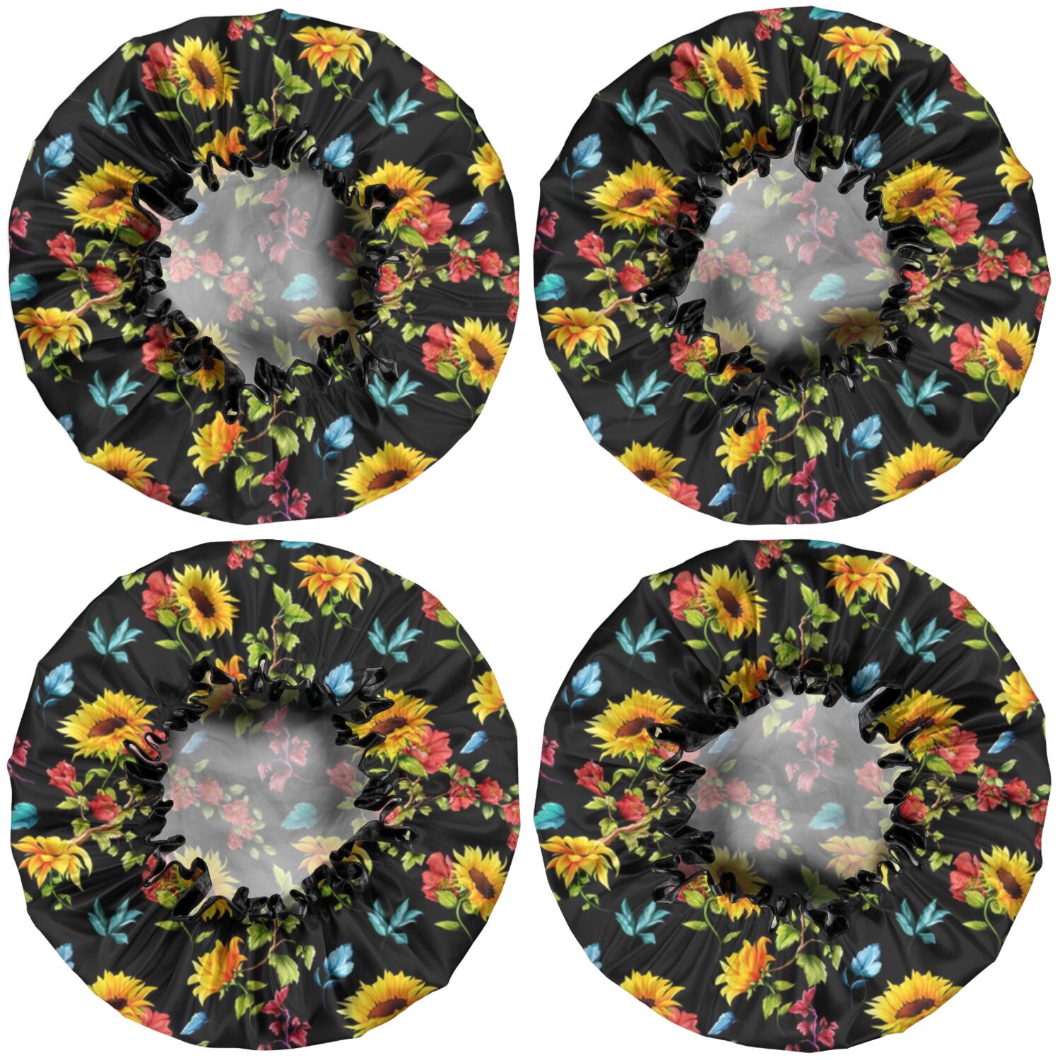 Shower Caps,Black Colorful Flower Sunflower Pattern Waterproof Shower Cap for Women 4 Pieces,Double Reusable Hair Cover for Shower PEVA Elastic Stretch Hem