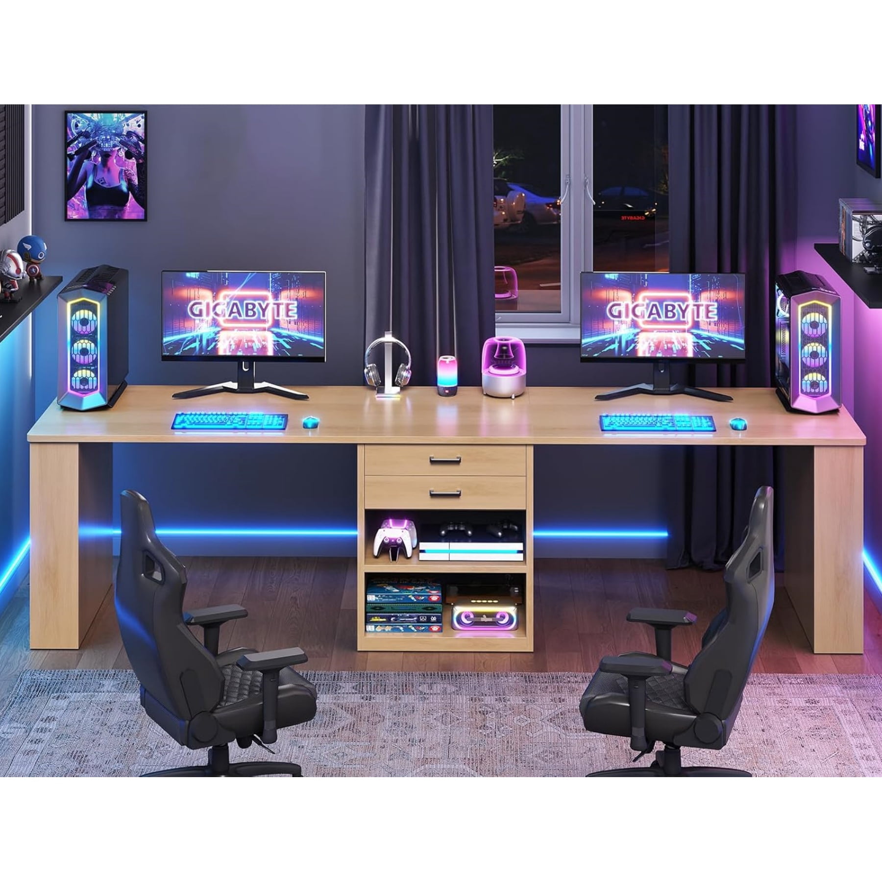 SEDETA Two Person Desk with Drawers, 90 Inch Long Computer Desk with Storage Shelves, Wooden Desk, Double Gaming Desk, Writing Table with Storage for Home Office, Oak Wood