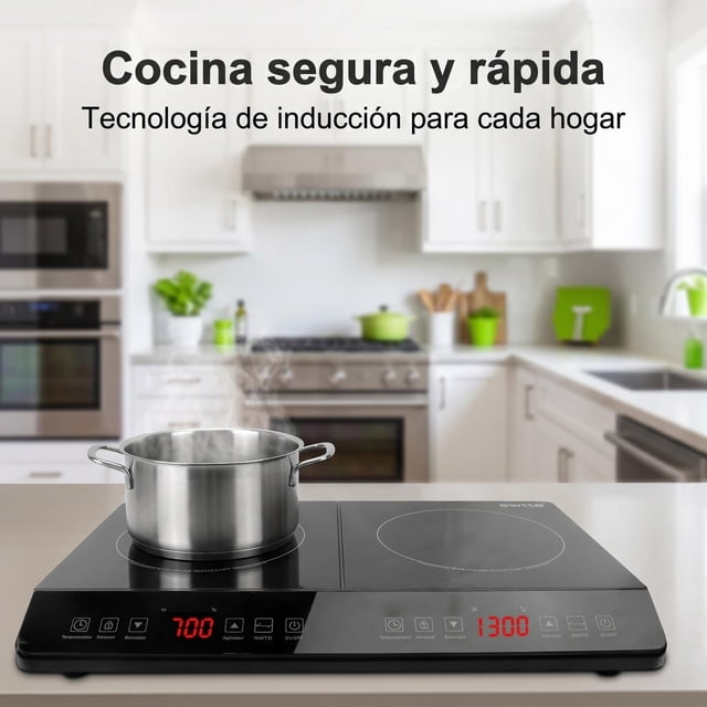 Parrilla de Inducción Doble 2000W con Panel de Vidrio Cerámico Dividido | 8 Niveles de Potencia y Temperatura | Control Táctil | Temporizador 3H | Cocina Rápida y Segura