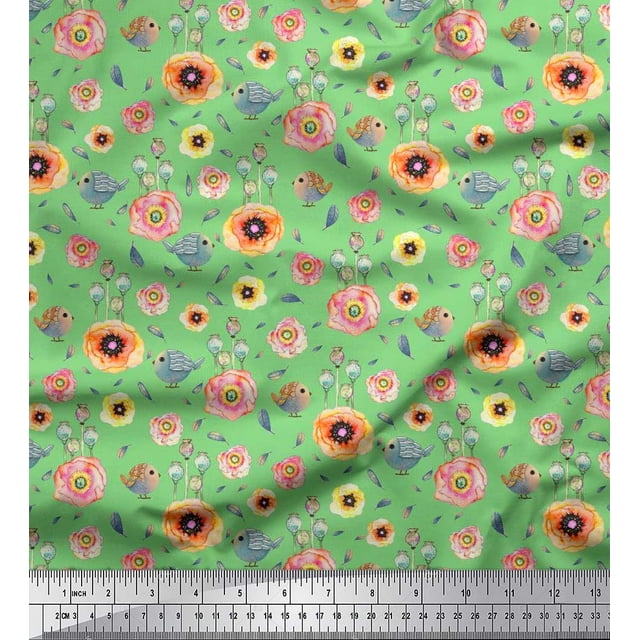 Soimoi Polyester Crepe Fabric Leaves,Bird & Anemone Floral Decor Fabric Printed Yard 52 Inch Wide