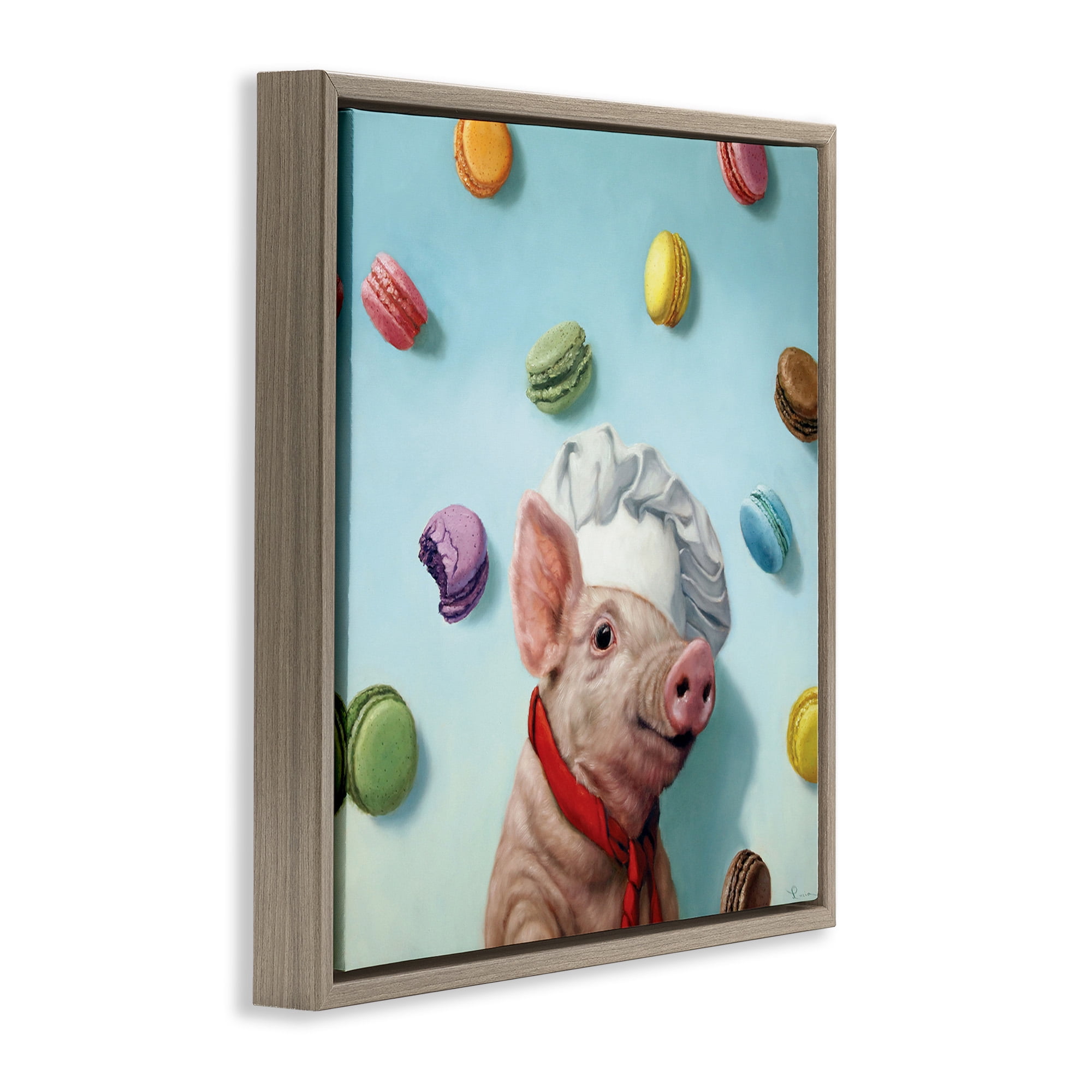 Stupell Industries Pig Chef with Playful Macarons Animals & Insects Painting Brown Floater Framed Canvas Art Print Wall Art, 18 x 18