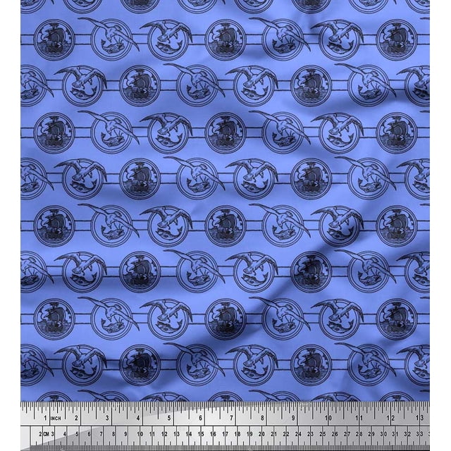 Soimoi Polyester Crepe Fabric Bird,Fish & Ship Ocean Printed Craft Fabric by The Yard 42 Inch Wide