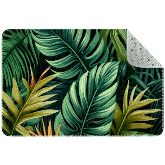 Tropical Palm Leaves Pattern Small Area Rug, Non-Slip Door Mat Indoor Floor Mat, Washable Kitchen Rug Entrance Door Mat for Bedroom Living Room