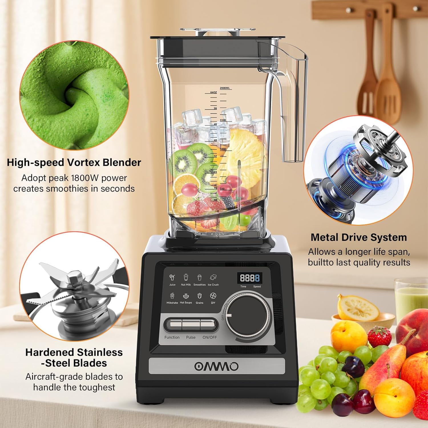 Peak1800W Blender for Smoothies, 68oz BPA-Free Kitchen Countertop Blender with 9 Speeds & Timer