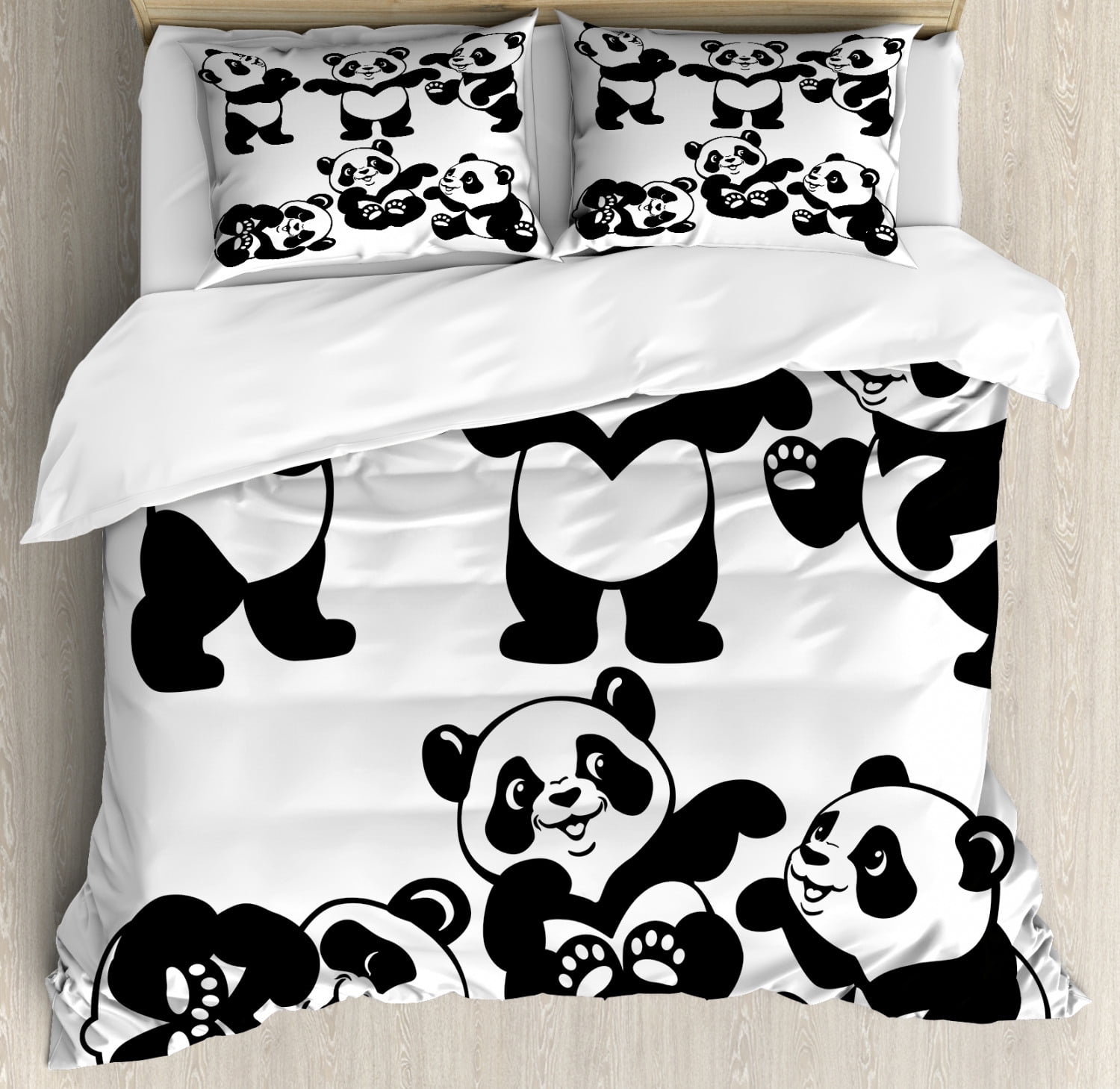 Nursery Duvet Cover Set, Set with Playful Panda Bear in Monochrome