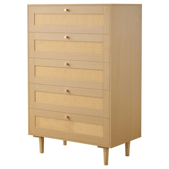 Modern 5 Drawer Rattan Dresser - Stylish Storage Chest with Metal Handles & Wooden Legs for Bedroom, Living Room & Hallway Organizer