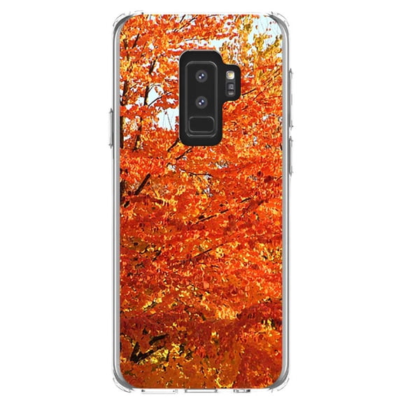 DistinctInk Clear Shockproof Hybrid Case for Samsung Galaxy S9  PLUS (6.2" Screen) - TPU Bumper, Acrylic Back, Tempered Glass Screen Protector - Orange Autumn Leaves