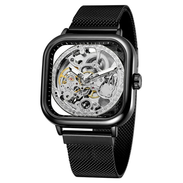 FORSINING FORSINING Men's Skeleton Automatic Mechanical Watch with Silver Dial and Black Stainless Steel Band